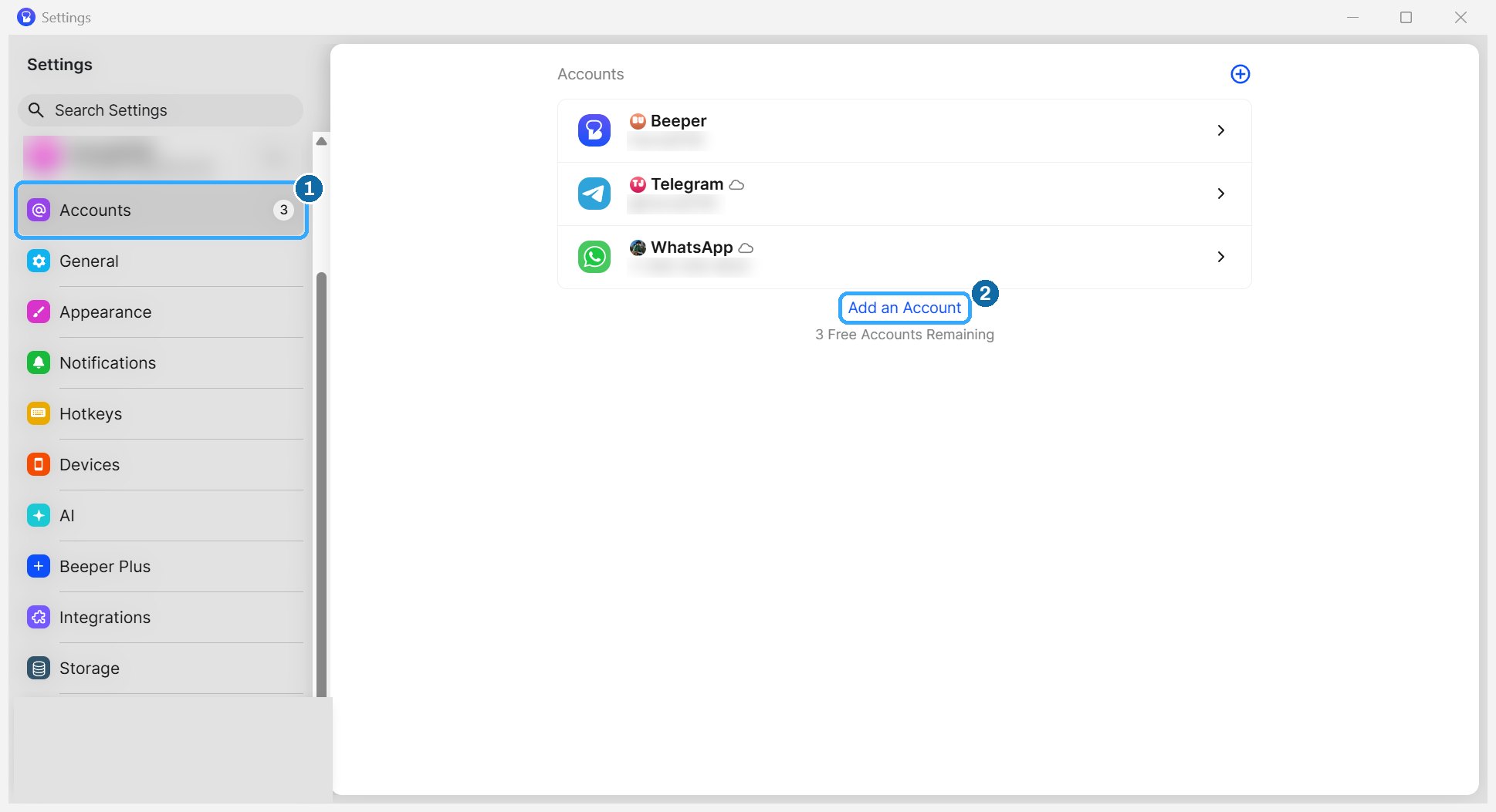 Beeper Settings, Accounts page, with Accounts and Add an Account outlined