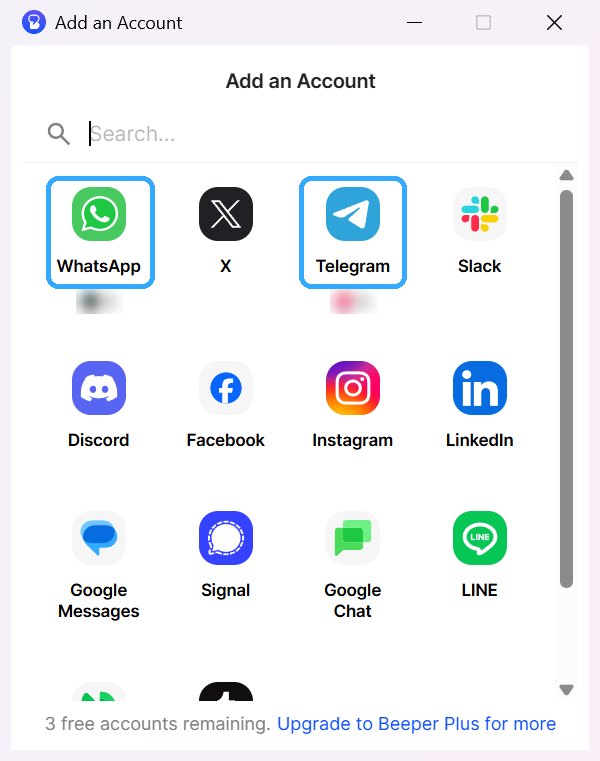 Beeper's Add an Account window with WhatsApp and Telegram outlined