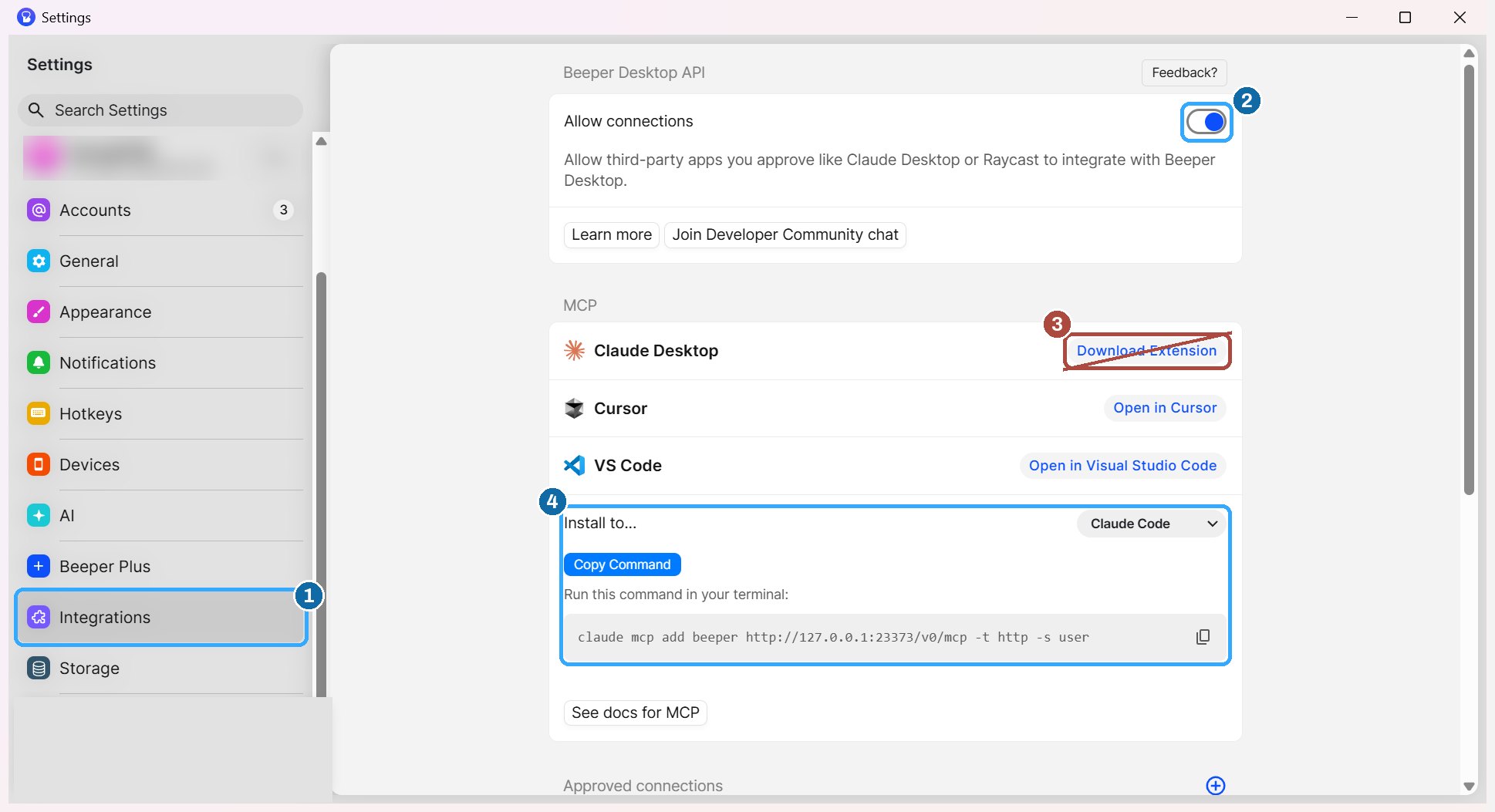 Beeper Integrations settings: Integrations, Allow connections, the Claude Desktop Download Extension button crossed out, and the Claude Code install command outlined