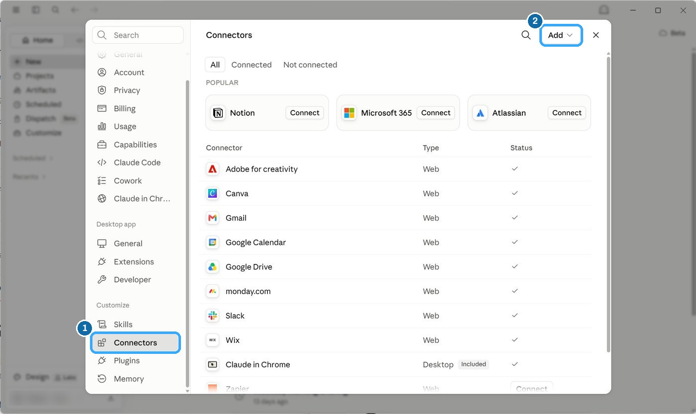 Claude's Connectors screen with Connectors in the sidebar outlined